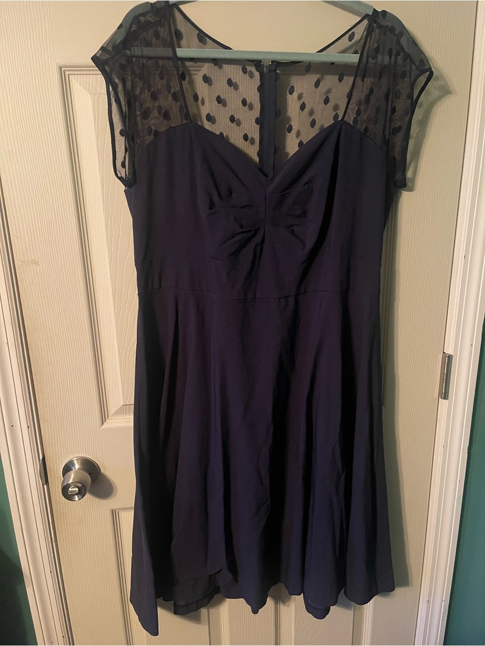 Retro Navy Dress with Sheer Polka Dot Yoke
